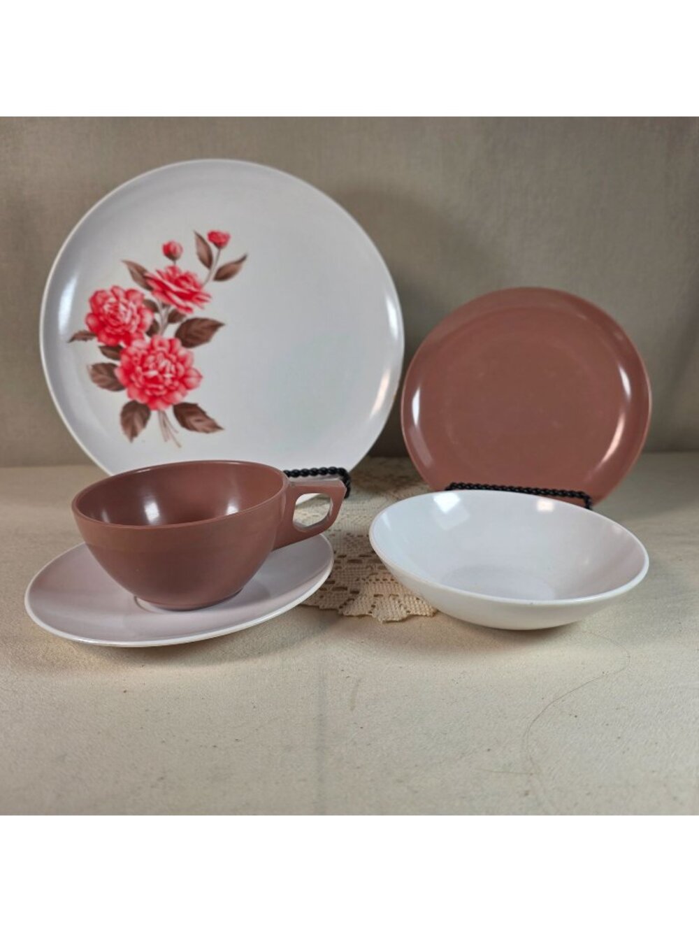Vintage Sun Valley Melmac 2 Place Settings Floral Brown Plates Cups Bowls Mid Ce